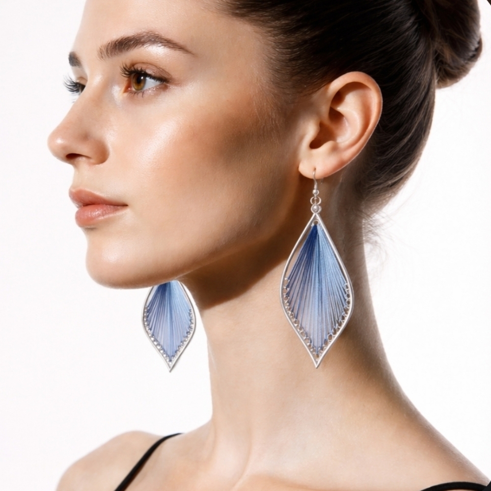 Silk Teardrop Woven Thread Statement Earrings Two Tone Blue and Silver NWT